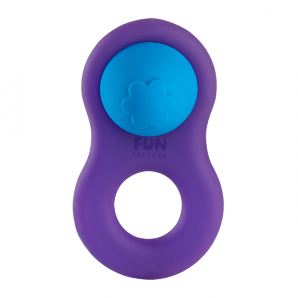 Purple silicone cock ring with a blue flower-shaped stimulator.