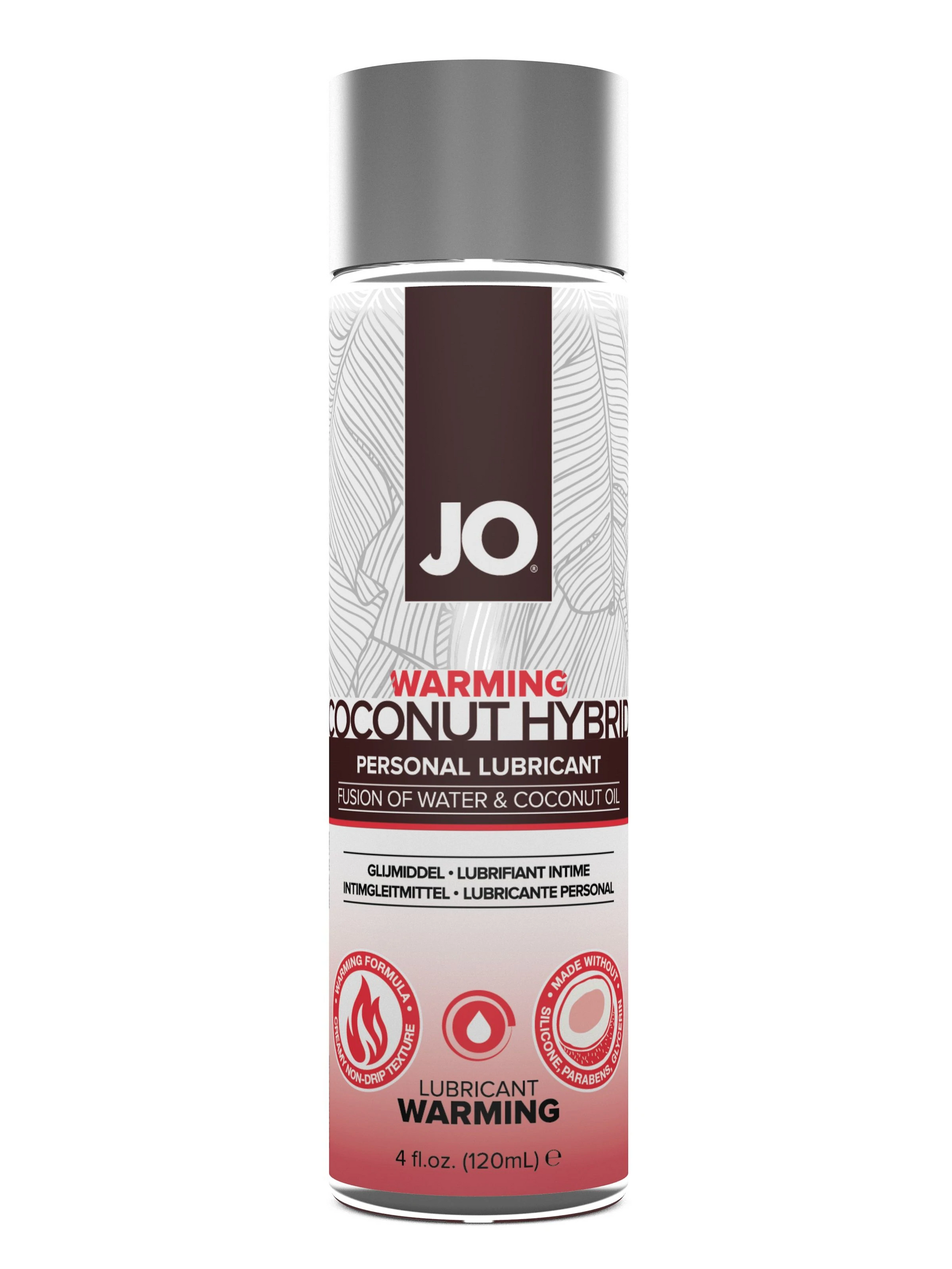 JO Coconut Hybrid Warming Personal Lubricant bottle with leaf pattern.