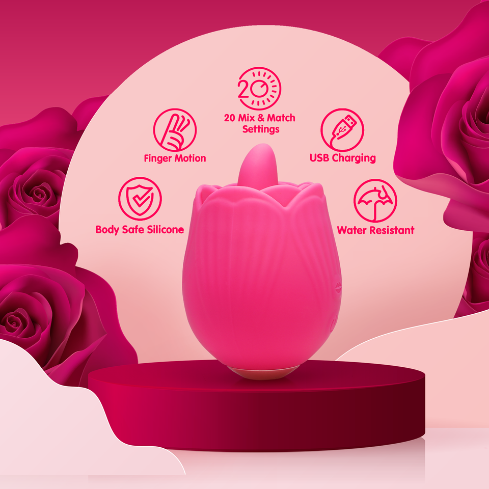Pink rose-shaped mini vibrator with icons for finger motion, 20 settings, USB charging, body-safe silicone, and waterproof.