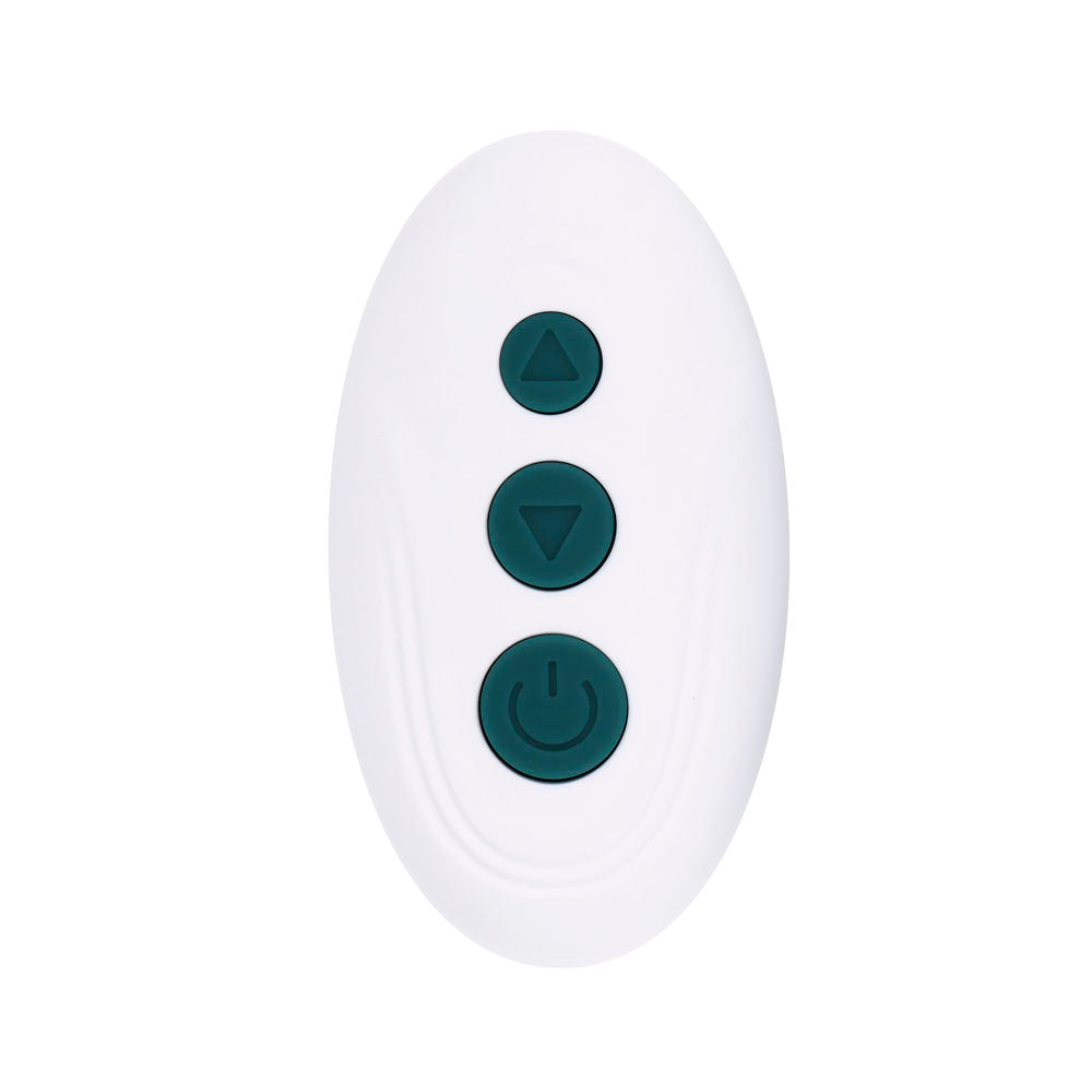 White oval remote with three green buttons: up arrow, down arrow, and power symbol.