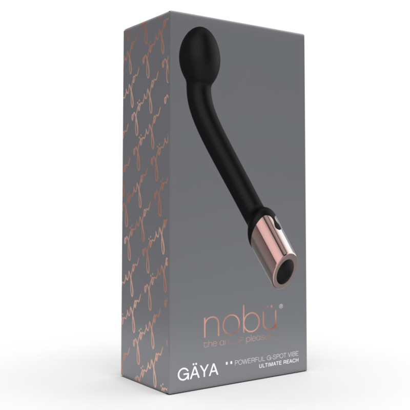 Black silicone G-spot stimulator with rose gold accents on a grey box.