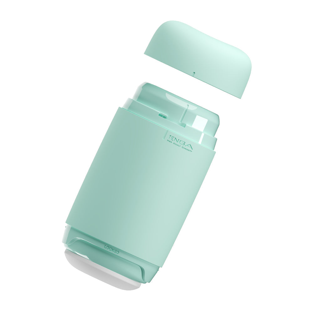 A mint green Tenga Puffy Soft Stroker with its cap removed.
