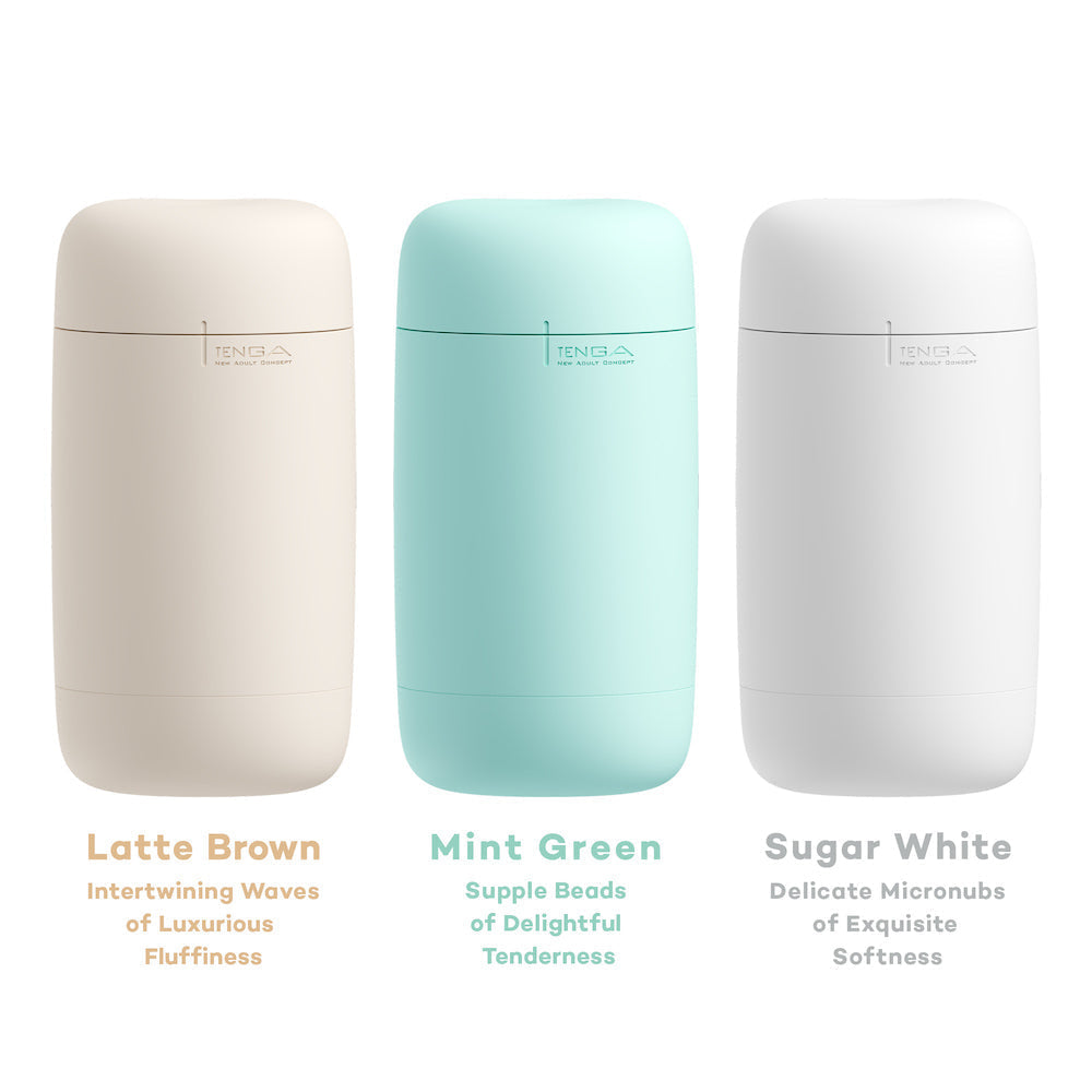 Three Tenga Puffy Soft Strokers in Latte Brown, Mint Green, and Sugar White.