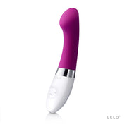 A deep rose G-spot vibrator with a white base and silver accents.