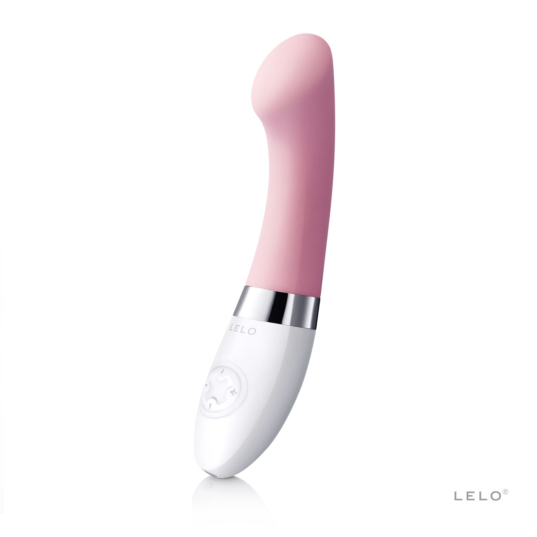 Pink G-spot vibrator with white base and silver band.