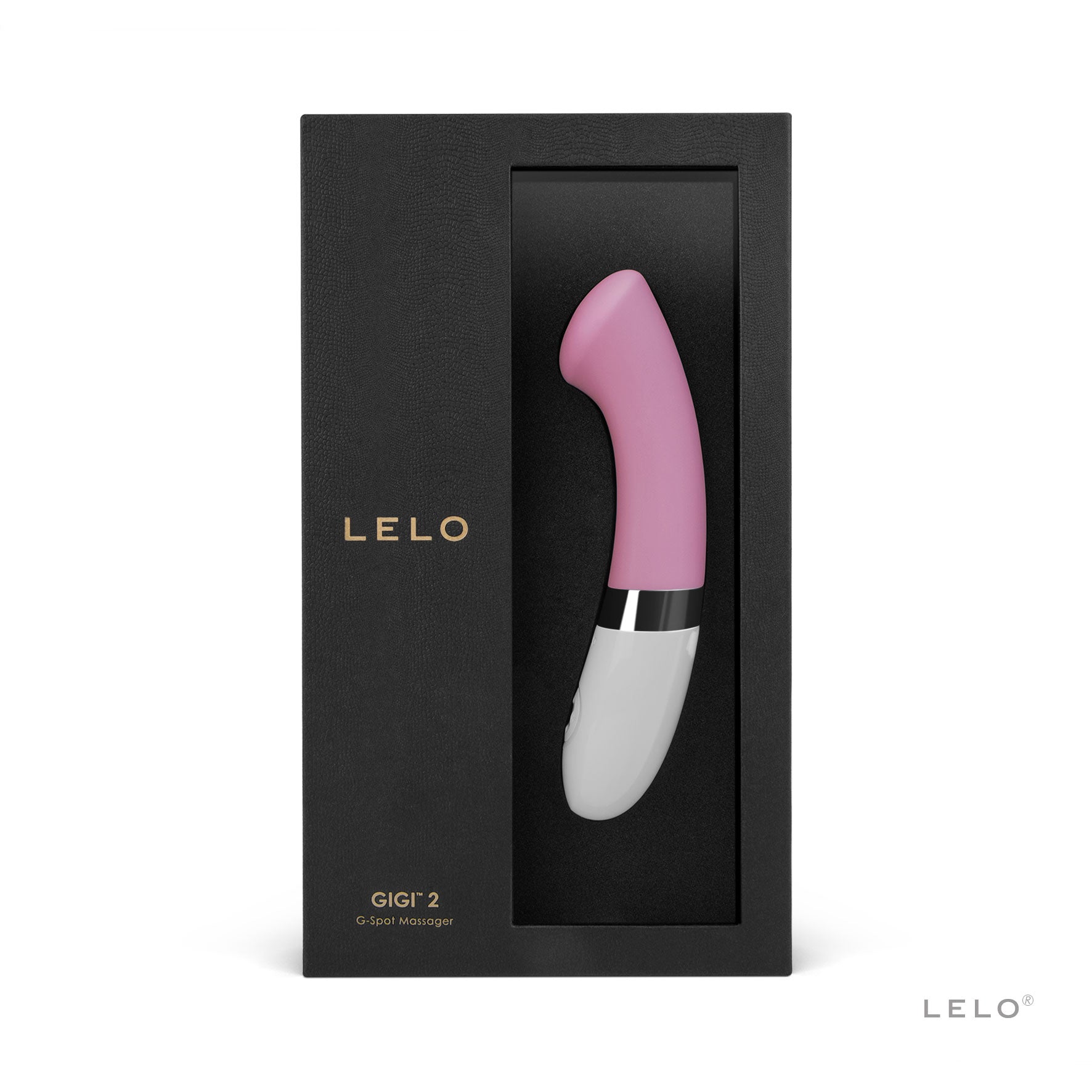 Pink and white G-spot massager in a black box.