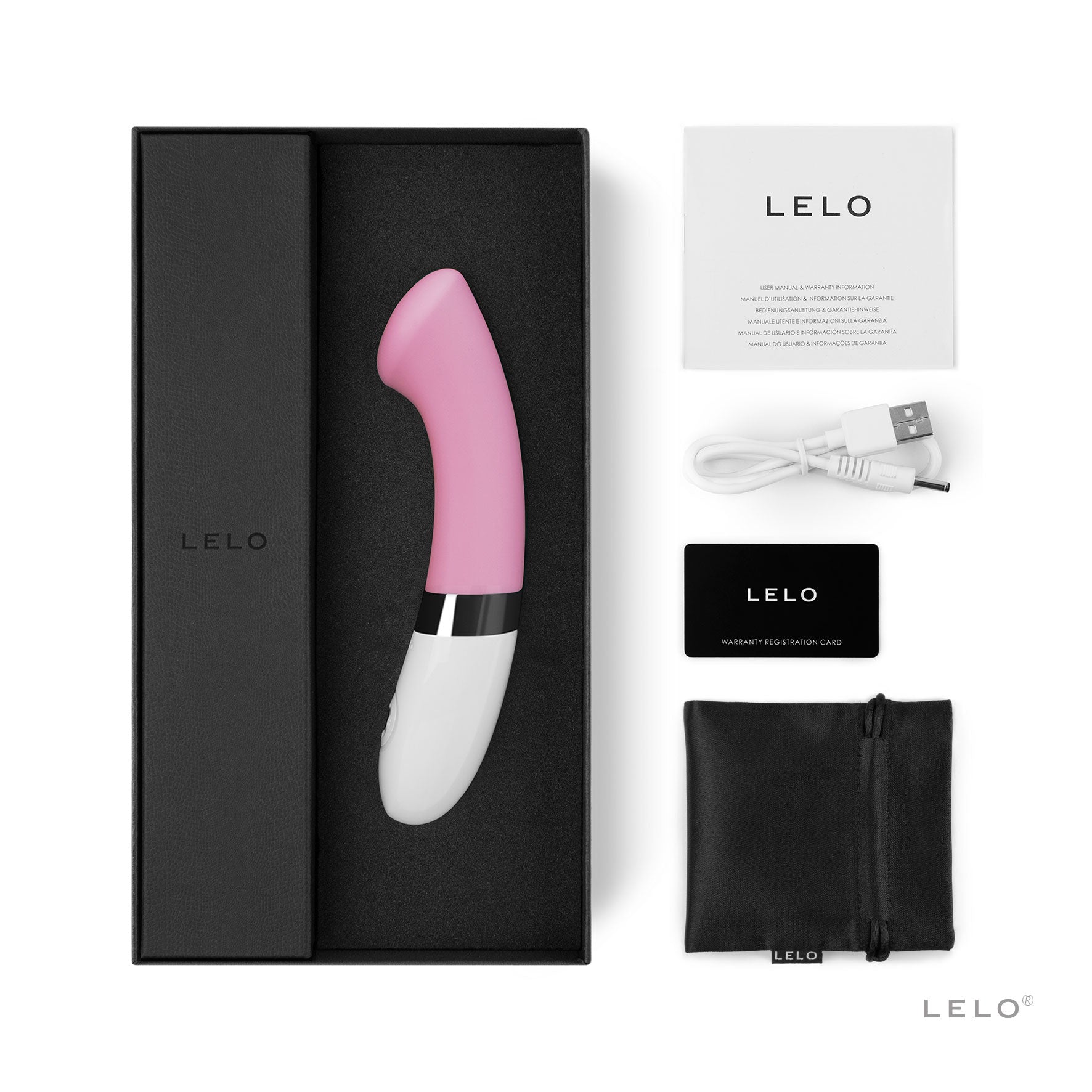 Pink Lelo Gigi 2 G-spot vibrator with charging cable, warranty card, and storage pouch.
