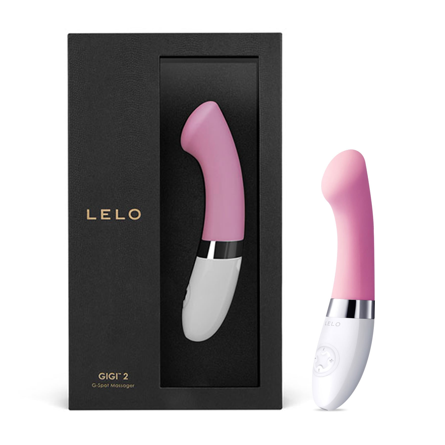 Pink Lelo Gigi 2 G-spot massager in its black box packaging.