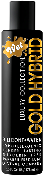 Wet Gold Hybrid water-based silicone lubricant in a black bottle.