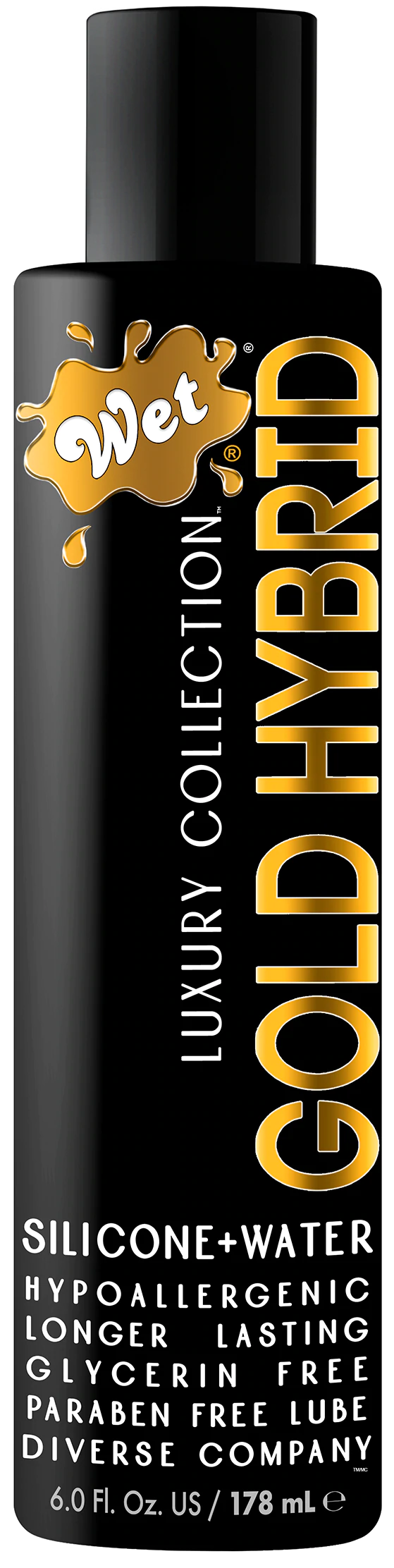 Wet Gold Hybrid water-based silicone lubricant in a black bottle.