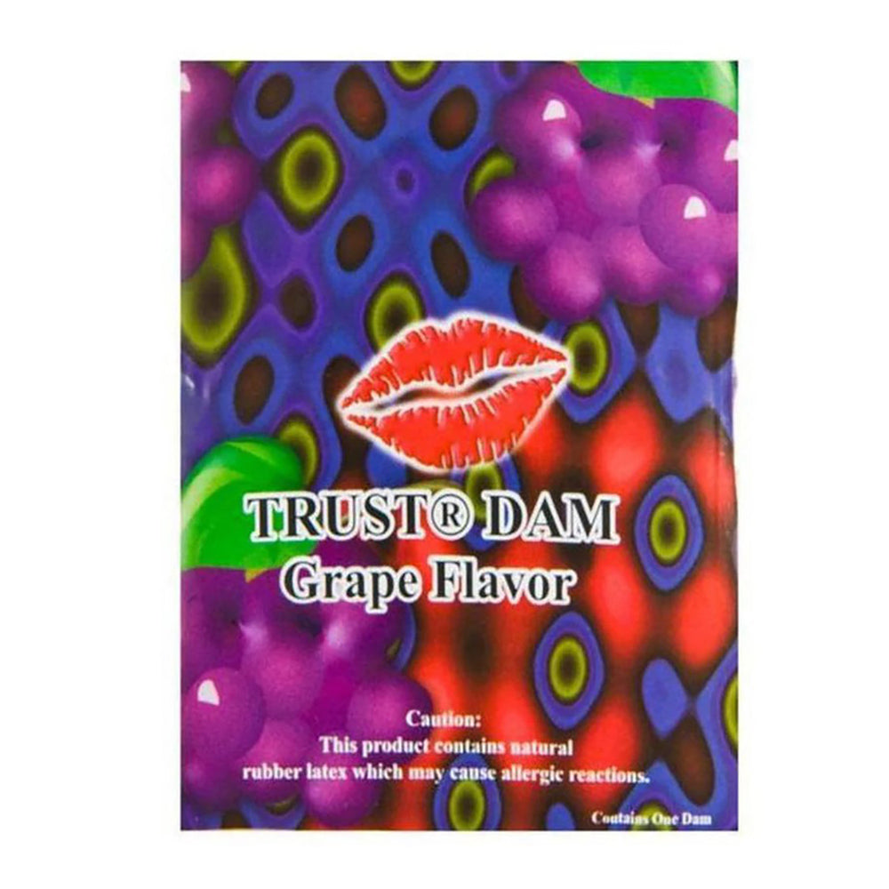 Trust Dam grape flavored latex dental dam with red lips graphic.