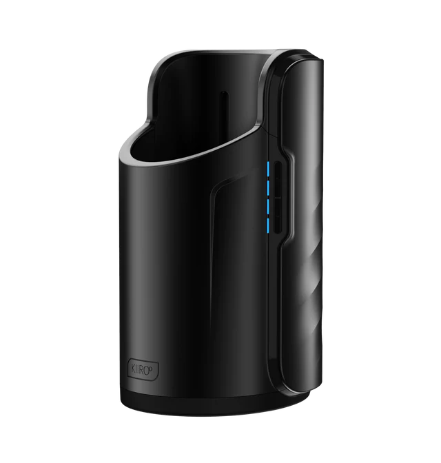 A black Kiiroo Keon automatic interactive masturbator with blue indicator lights.