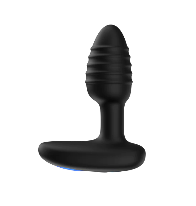 Black ribbed silicone anal plug with a flared base and blue LED light.