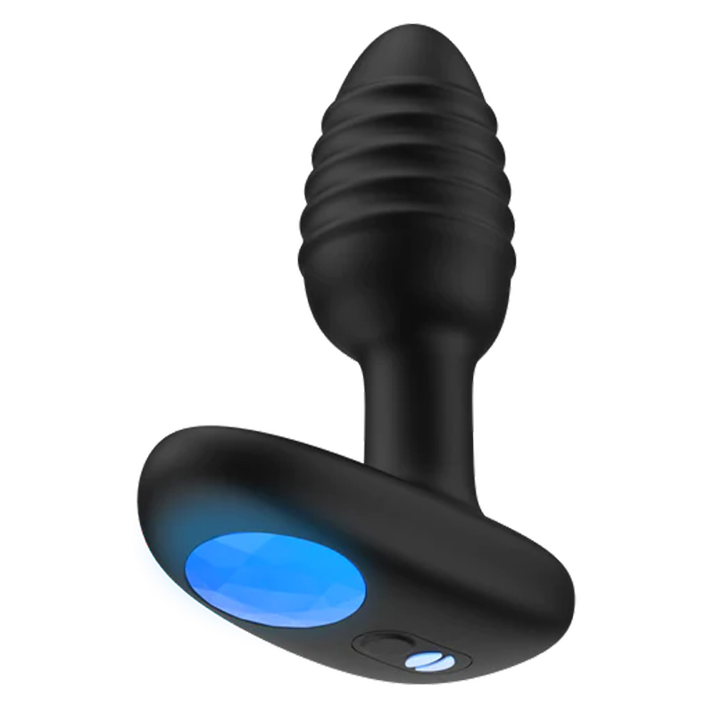 Black silicone anal plug with ribbed texture and blue LED light.