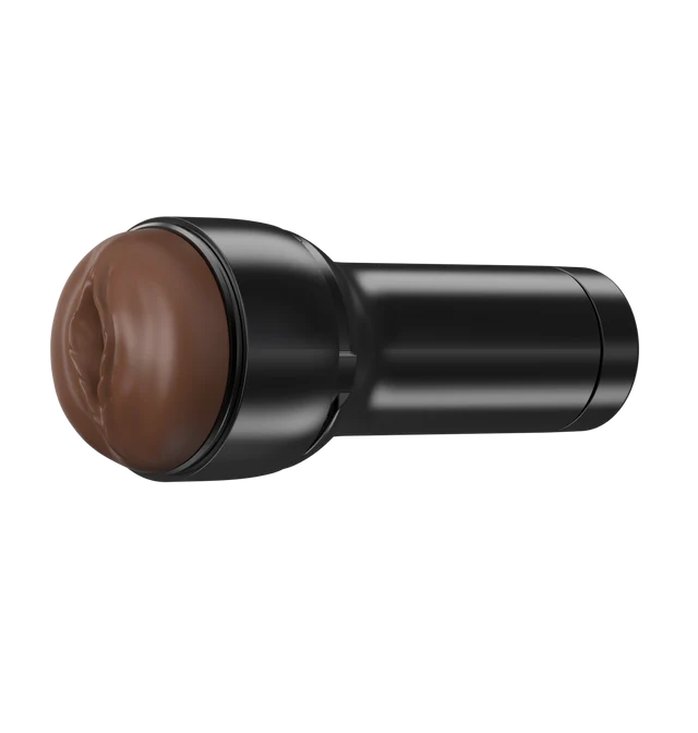 Realistic dark brown TPE male stroker sleeve with black casing.