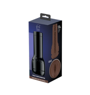 Dark brown realistic TPE male stroker sleeve with helix texture.