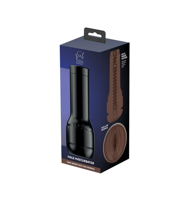 Dark brown realistic TPE male stroker sleeve with helix texture.