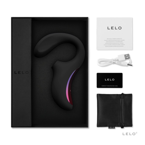 Black Lelo Enigma Cruise dual sonic G-spot stimulator with charging cable and manual.