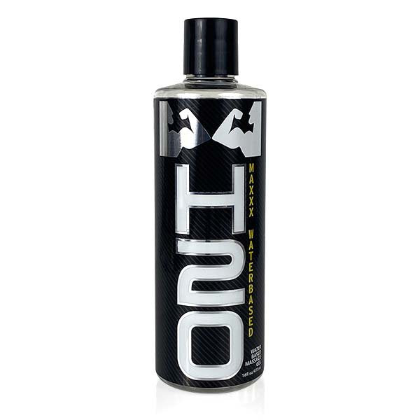 A bottle of H2O Maxxx water-based personal lube with a black cap and label.