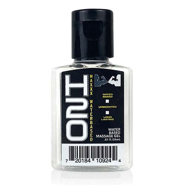 H2O Maxxx water based massage gel in a clear bottle with a black cap.