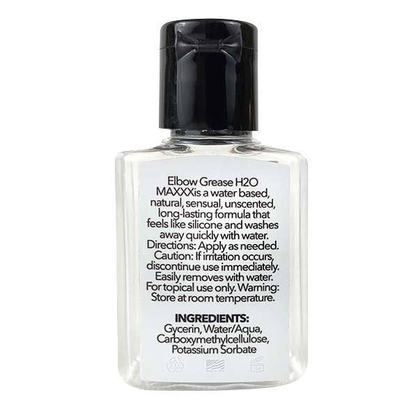 Clear bottle of H2O Maxxx water-based lubricant with a black cap.