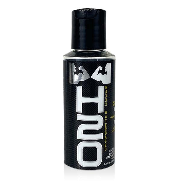 H2O Maxxx water-based massage gel in a black bottle with a black cap.