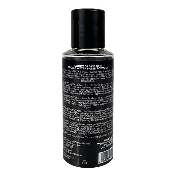 A clear bottle of H2O Maxxx Elbow Grease water-based lubricant with a black cap.