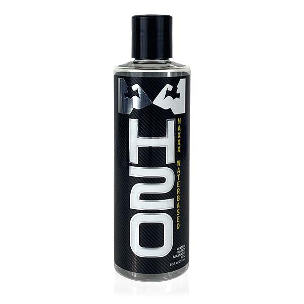 A bottle of H2O Maxxx water-based lubricant with a black cap and label.