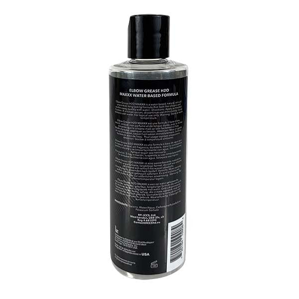 A bottle of Elbow Grease H2O Maxxx water-based personal lubricant.