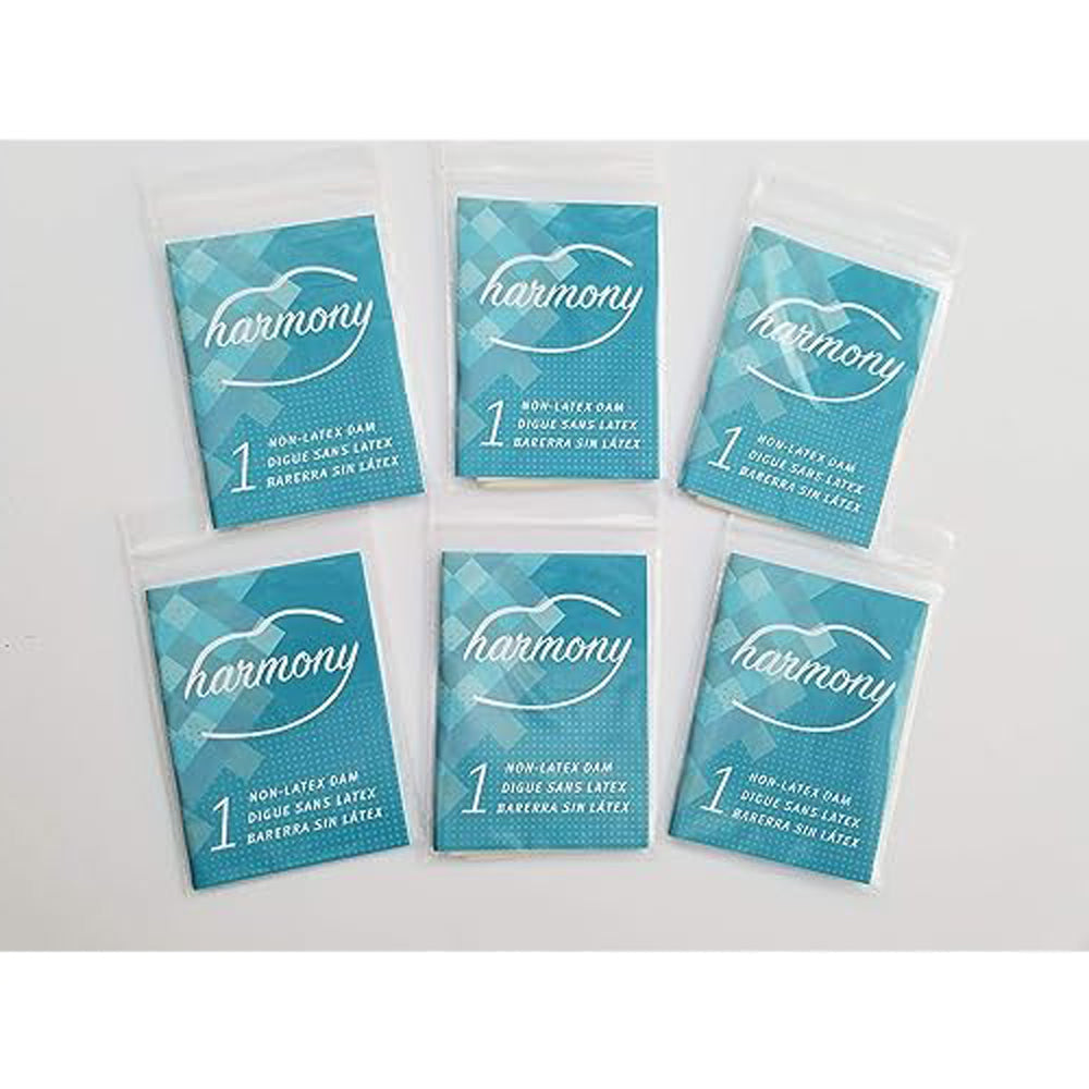 Six individually wrapped Harmony non-latex oral dams.
