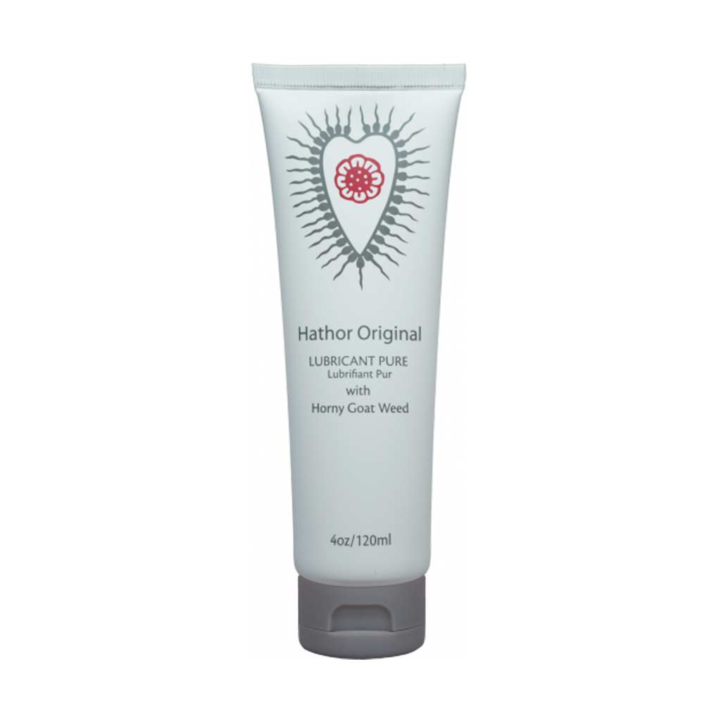 Hathor Original lubricant in a white tube with a red floral design.