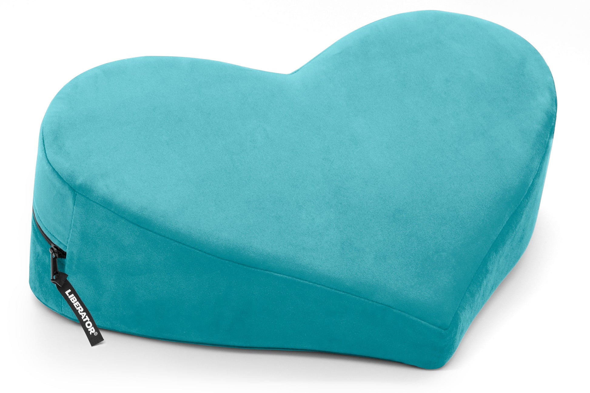 Teal heart-shaped wedge positioning pillow with a zipper and brand tag.