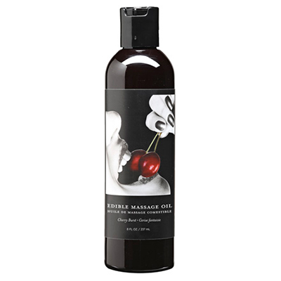 Edible Cherry Hemp Seed Massage Oil bottle with a label featuring cherries and lips.
