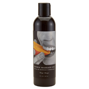 A bottle of Mango Edible Massage Oil with a graphic of a mouth eating mango.