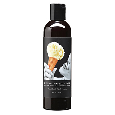Bouteille d'huile de massage comestible à la vanille française.