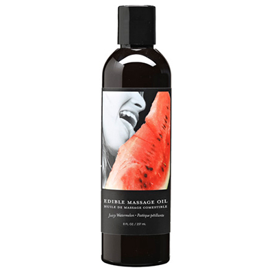 Bottle of Watermelon Edible Massage Oil with a slice of watermelon and a person's mouth on the label.
