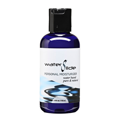 A blue bottle of Water Slide personal moisturizer with a black cap.