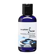 Blue bottle of WaterSlide personal moisturizer with a black cap.