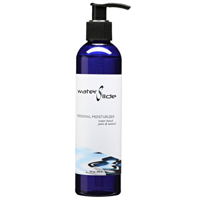 A blue pump bottle of WaterSlide personal moisturizer with a white label.