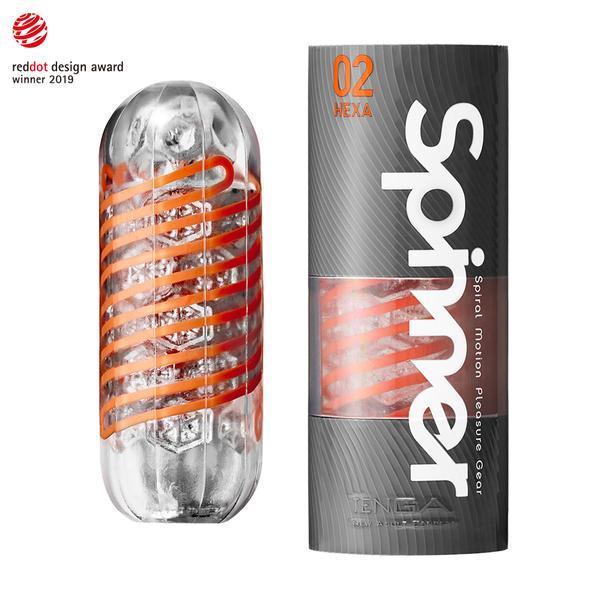 Tenga Spinner 02 Hexa reusable male masturbator with orange spiral design.