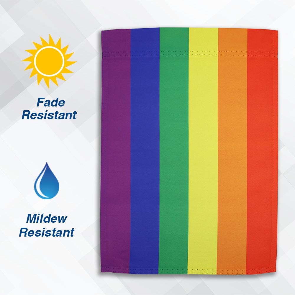 Rainbow pride garden flag with fade and mildew resistant properties.