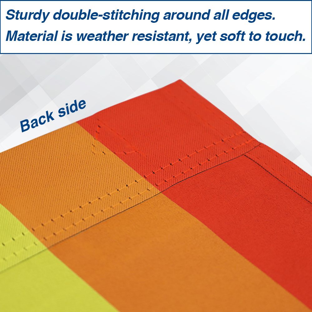 Rainbow pride garden flag with double-stitched edges and colorful stripes.