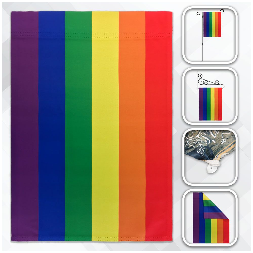 A double-sided rainbow pride garden flag with vertical stripes.