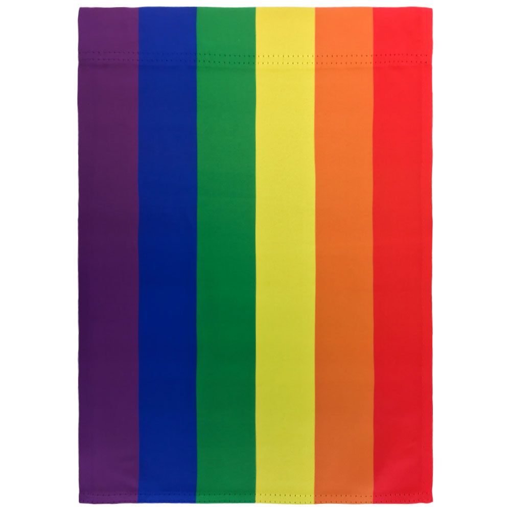A double-sided rainbow pride garden flag with six vertical stripes.