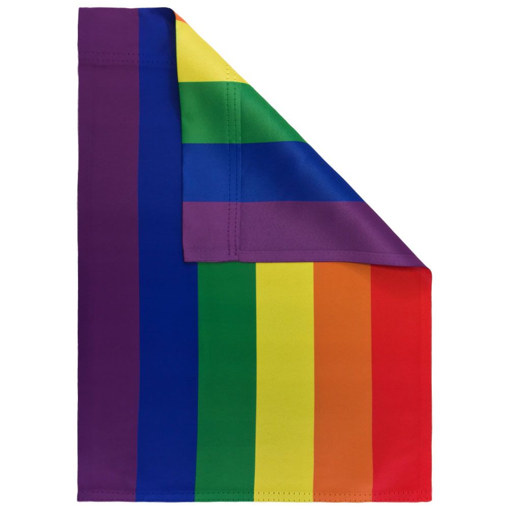A double-sided rainbow pride garden flag with purple, blue, green, yellow, orange, and red stripes.