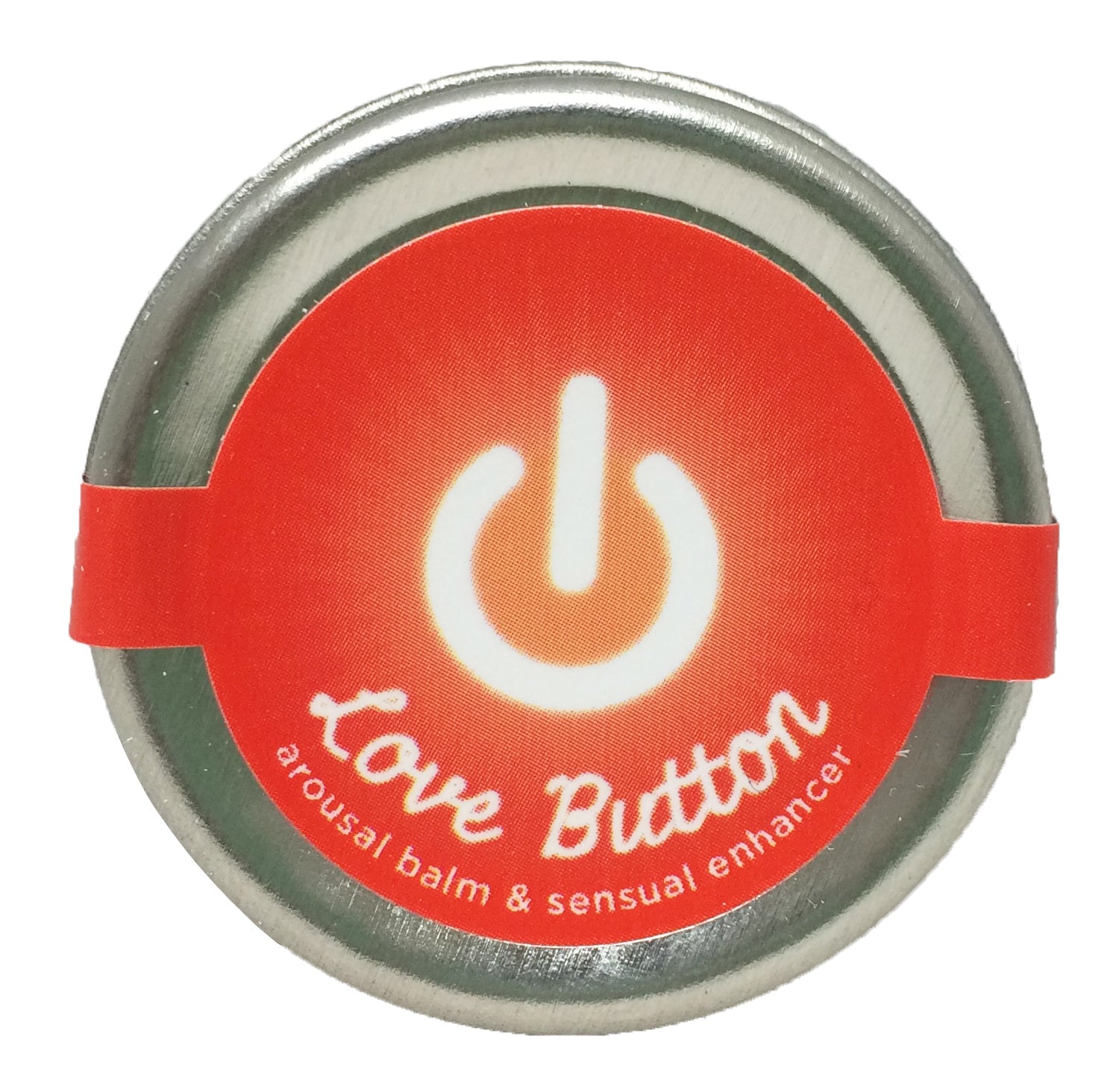 Tin lid with a red label featuring a power button symbol and "Love Button" text.