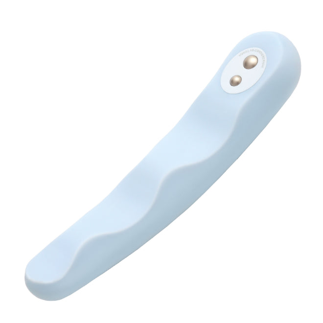 A light blue, flexible silicone vibrator with a wave design and two gold buttons.