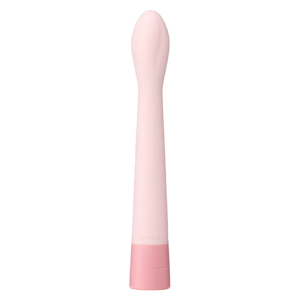 A slim, pink vibrator with a bud-shaped tip and a pink band at the base.