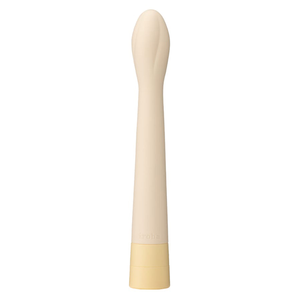 A slim, beige vibrator with a flexible, bud-shaped tip and a yellow base.