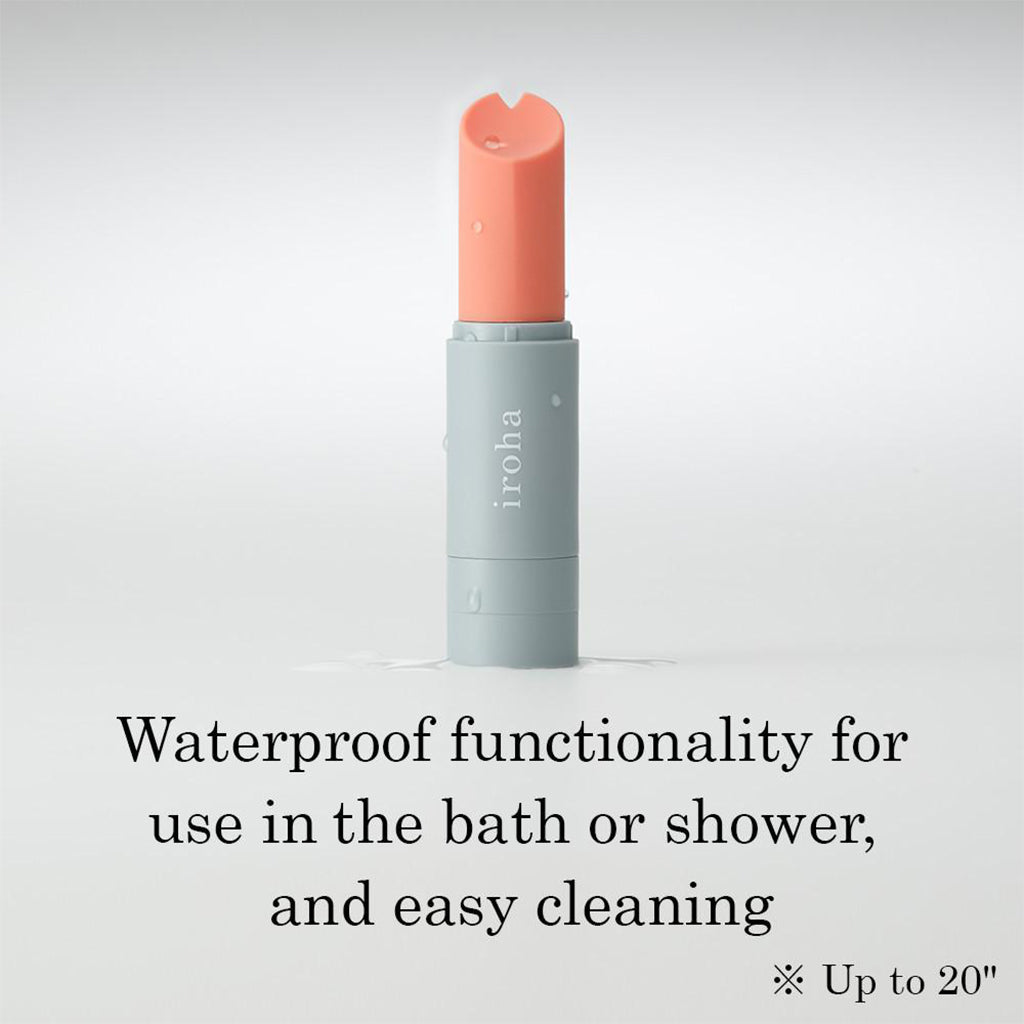 A coral and gray waterproof personal vibrator with the brand name "iroha" visible.